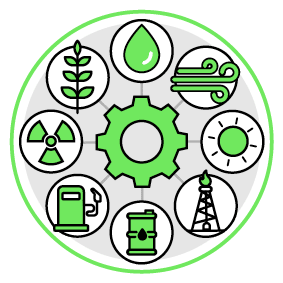 A circle with various symbols including a gear, sun, and windmill. Description generated by AI