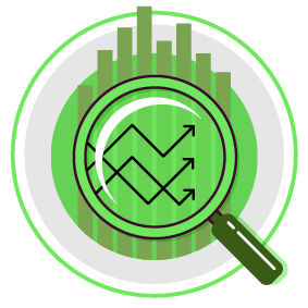 A magnifying glass with a green background. Description generated by AI