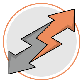 A circle with a gray and orange arrow pointing upwards. Description generated by AI