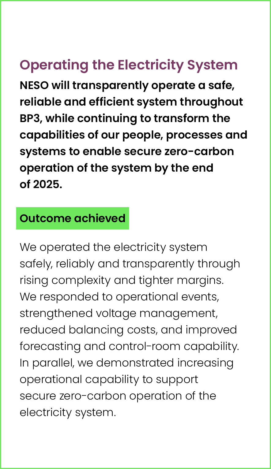 Operating the Electricity System NESO will transparently operate a safe, reliable and efficient system throughout BP3...