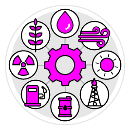 A circle with various symbols, including a gear, a sun, a windmill, a gas pump, a barrel, and a nuclear symbol. Description generated by AI