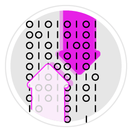 A pink and purple circle with a house and a triangle. Description generated by AI