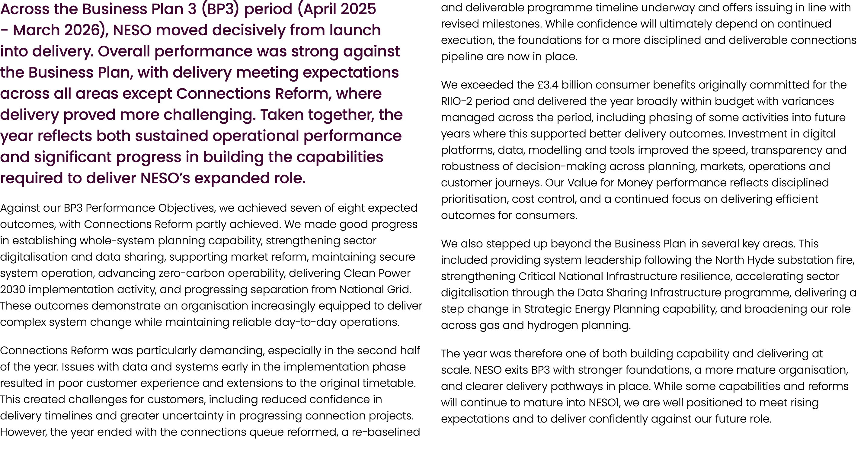 Across the Business Plan 3 (BP3) period (April 2025 March 2026), NESO moved decisively from launch into delivery. Ove...