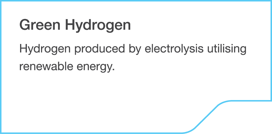 Green Hydrogen Hydrogen produced by electrolysis utilising renewable energy.