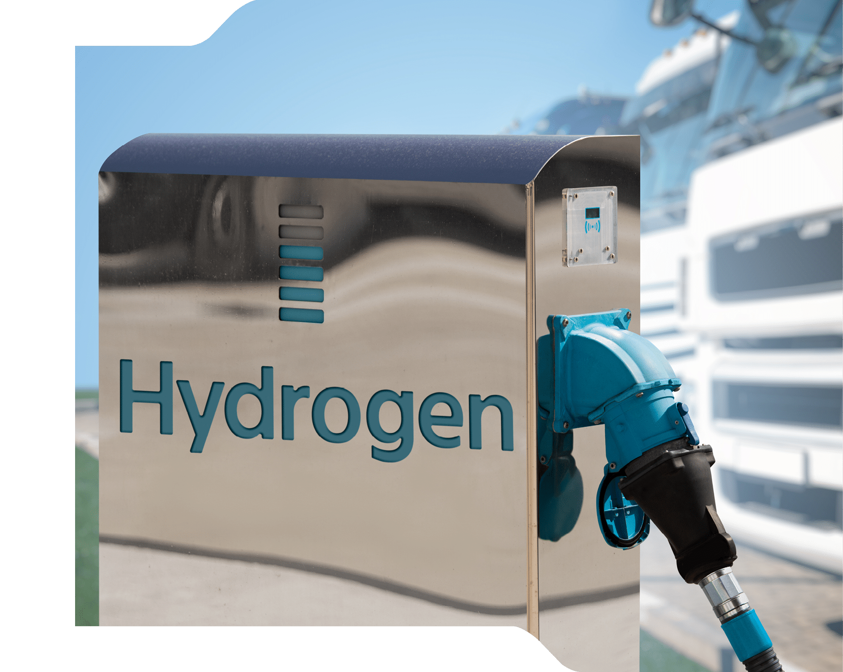 Hydrogen filling station on a background of trucks