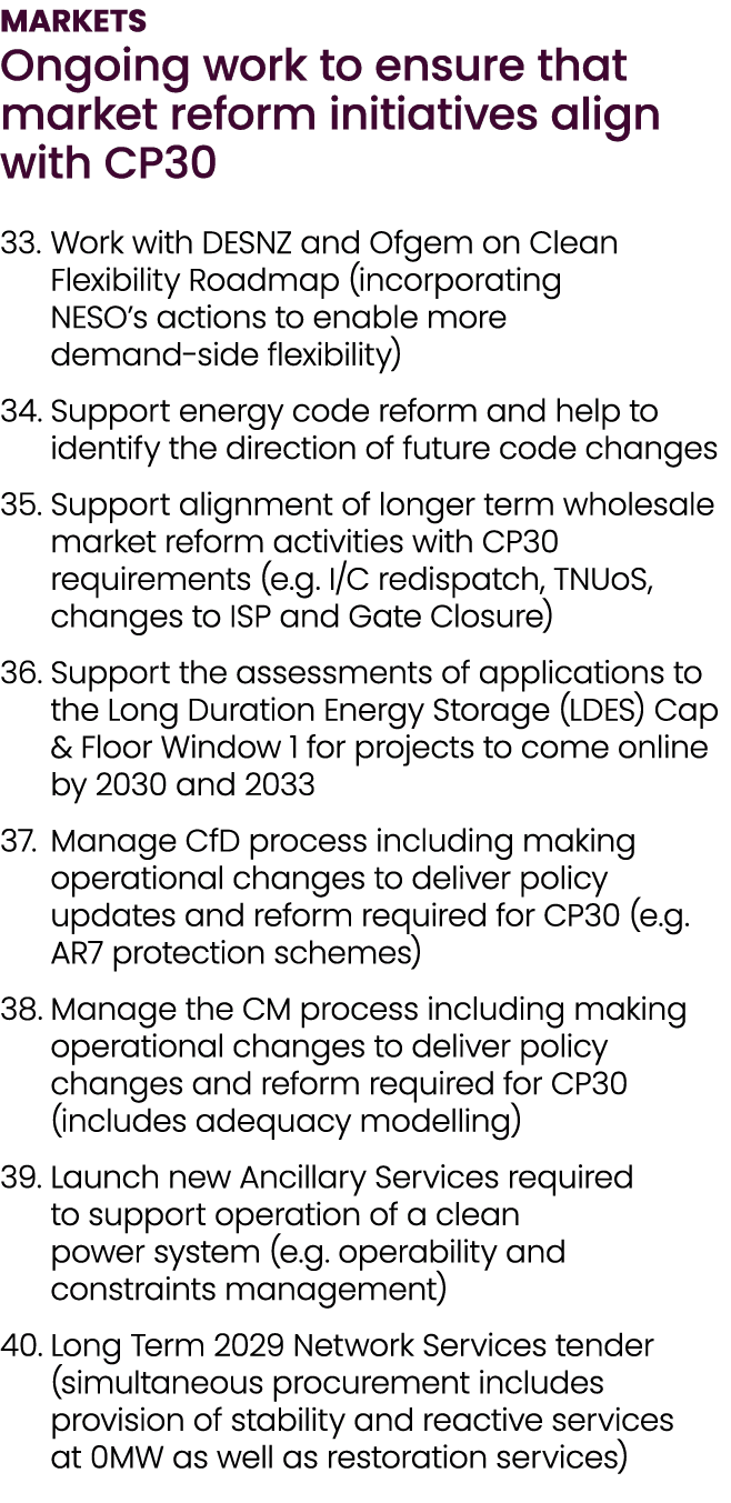 MARKETS Ongoing work to ensure that market reform initiatives align with CP30 33. Work with DESNZ and Ofgem on Clean ...