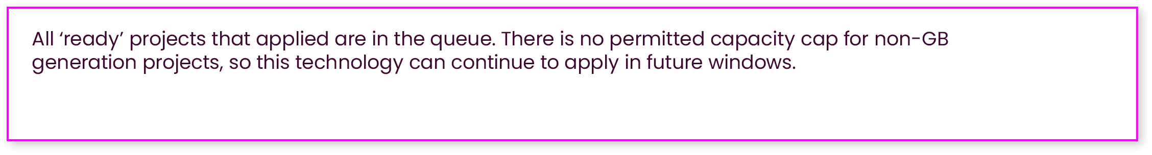 All ‘ready’ projects that applied are in the queue. There is no permitted capacity cap for non GB generation projects...