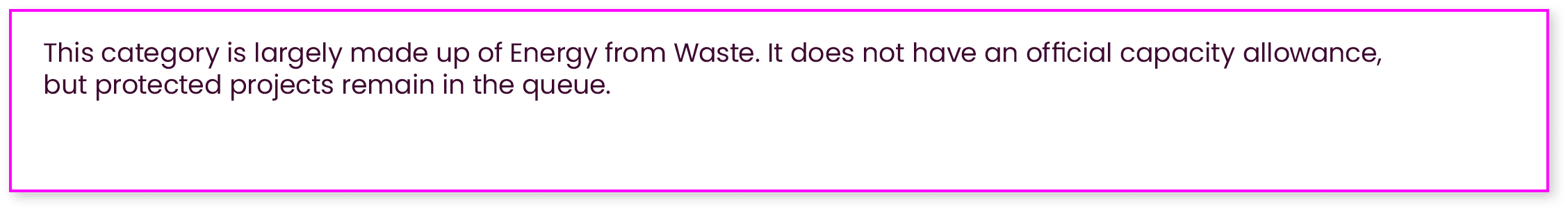 This category is largely made up of Energy from Waste. It does not have an official capacity allowance, but protected...