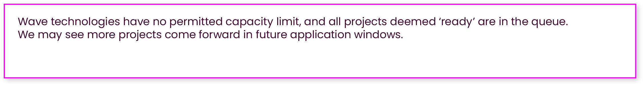 Wave technologies have no permitted capacity limit, and all projects deemed ‘ready’ are in the queue. We may see more...
