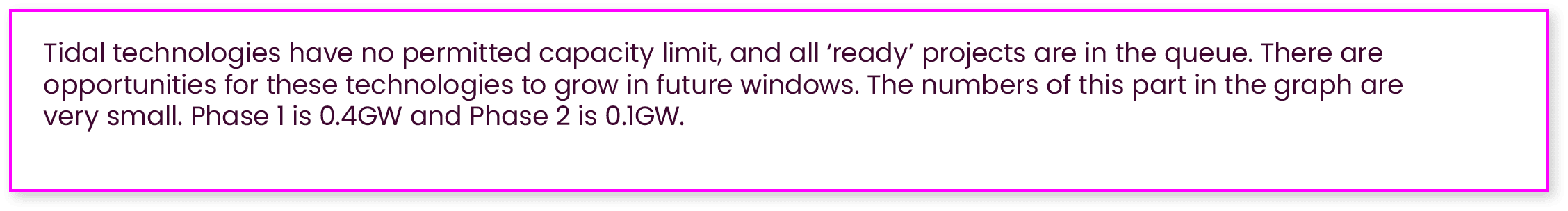 Tidal technologies have no permitted capacity limit, and all ‘ready’ projects are in the queue. There are opportuniti...