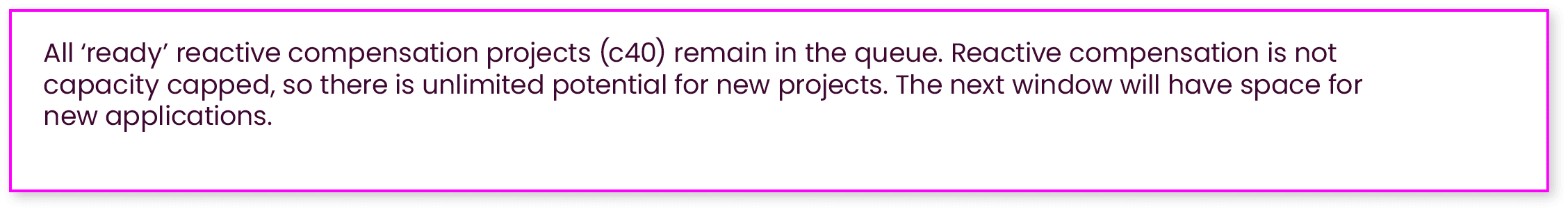 All ‘ready’ reactive compensation projects (c40) remain in the queue. Reactive compensation is not capacity capped, s...