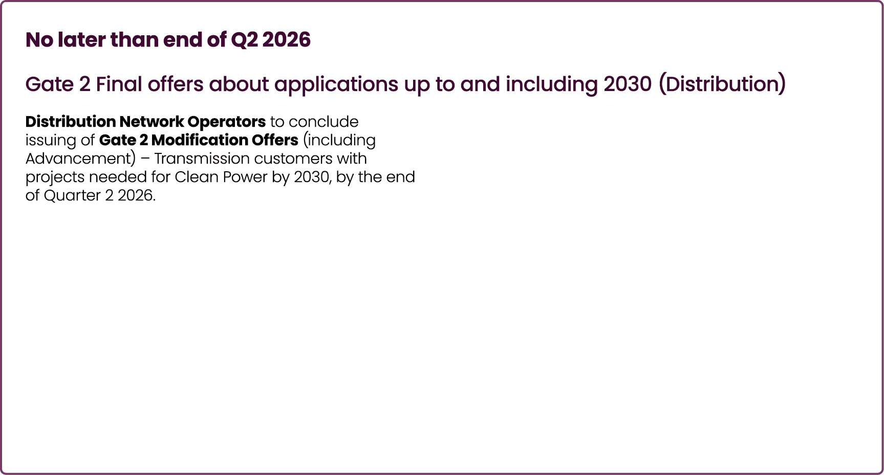 No later than end of Q2 2026 Gate 2 Final offers about applications up to and including 2030 (Distribution) Distribut...