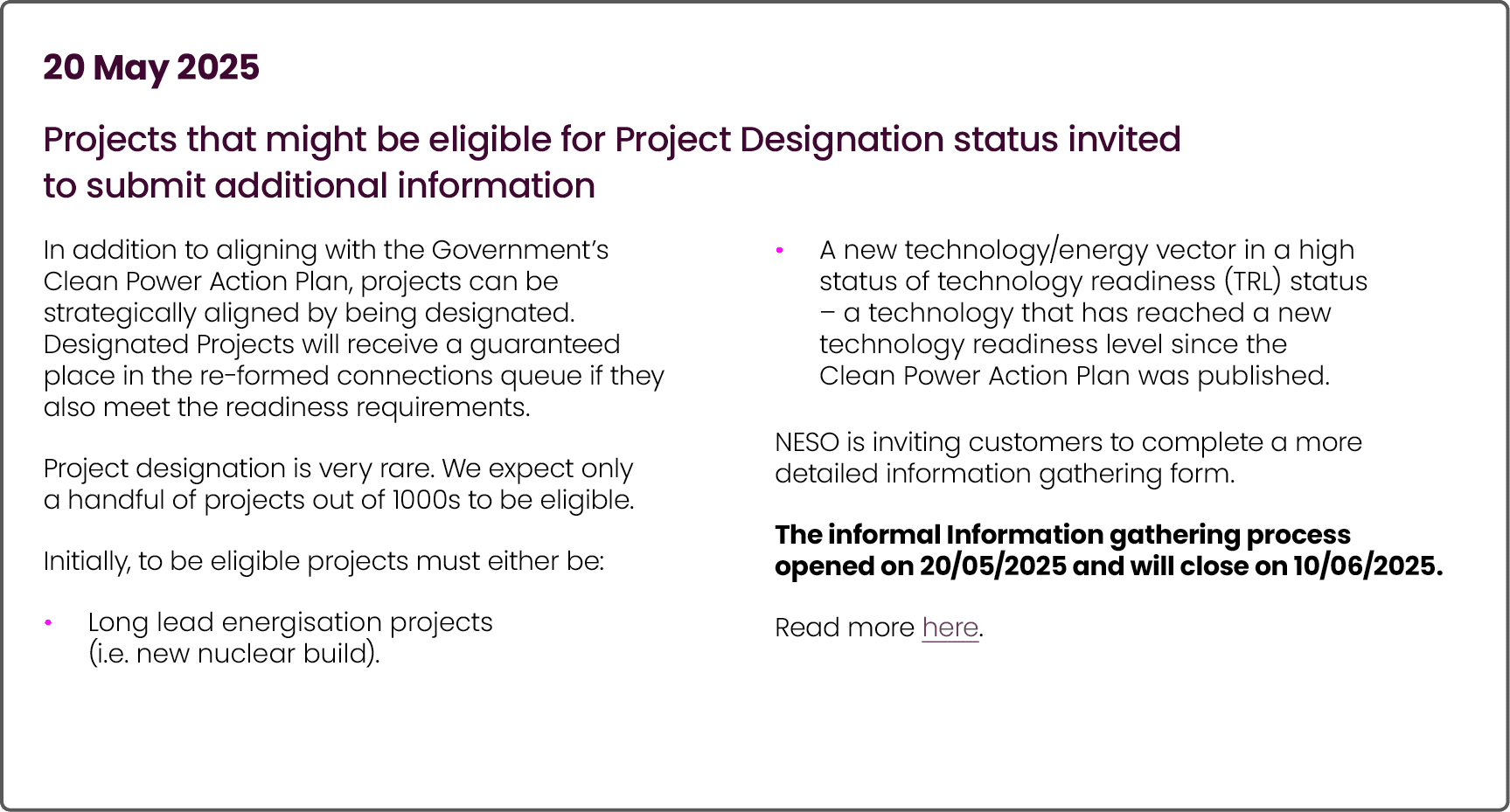 20 May 2025 Projects that might be eligible for Project Designation status invited to submit additional information I...