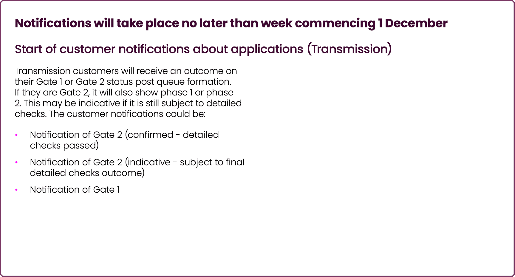 Notifications will take place no later than week commencing 1 December Start of customer notifications about applicat...