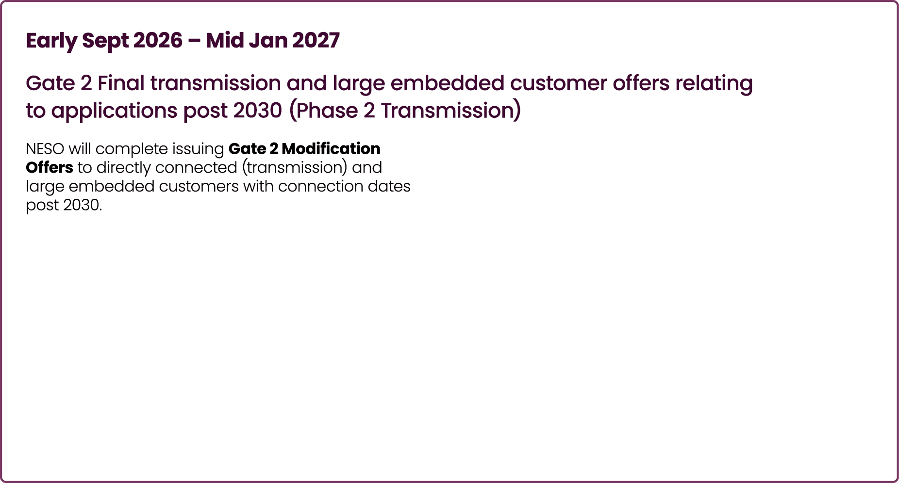 Early Sept 2026 – Mid Jan 2027 Gate 2 Final transmission and large embedded customer offers relating to applications ...