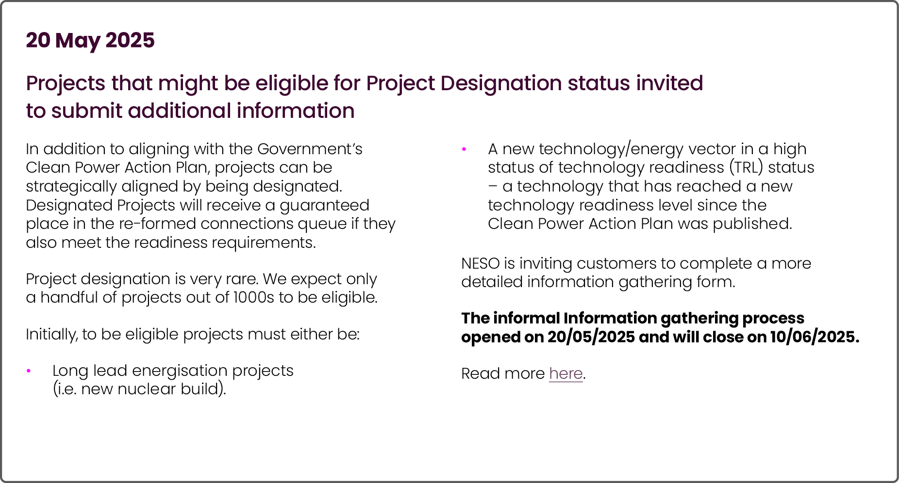 20 May 2025 Projects that might be eligible for Project Designation status invited to submit additional information I...