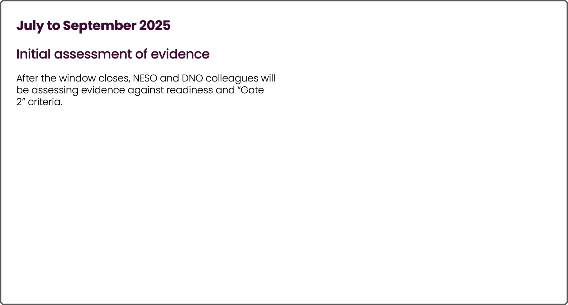 July to September 2025 Initial assessment of evidence After the window closes, NESO and DNO colleagues will be assess...