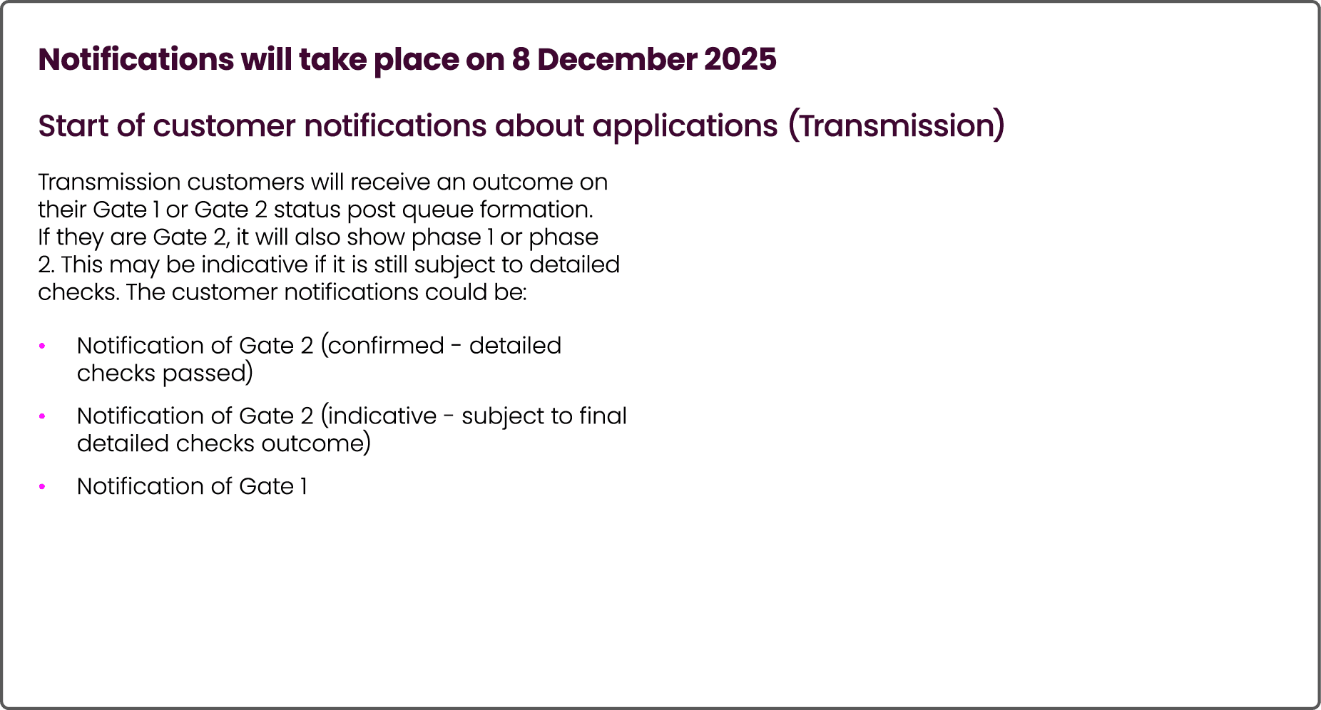 Notifications will take place on 8 December 2025 Start of customer notifications about applications (Transmission) Tr...