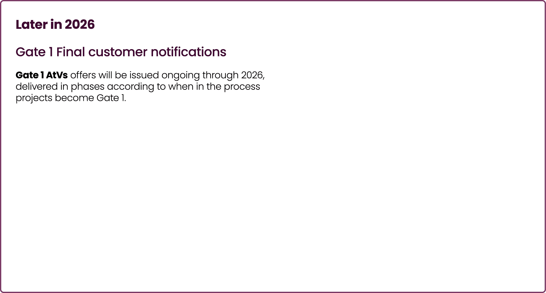 Later in 2026 Gate 1 Final customer notifications Gate 1 AtVs offers will be issued ongoing through 2026, delivered i...