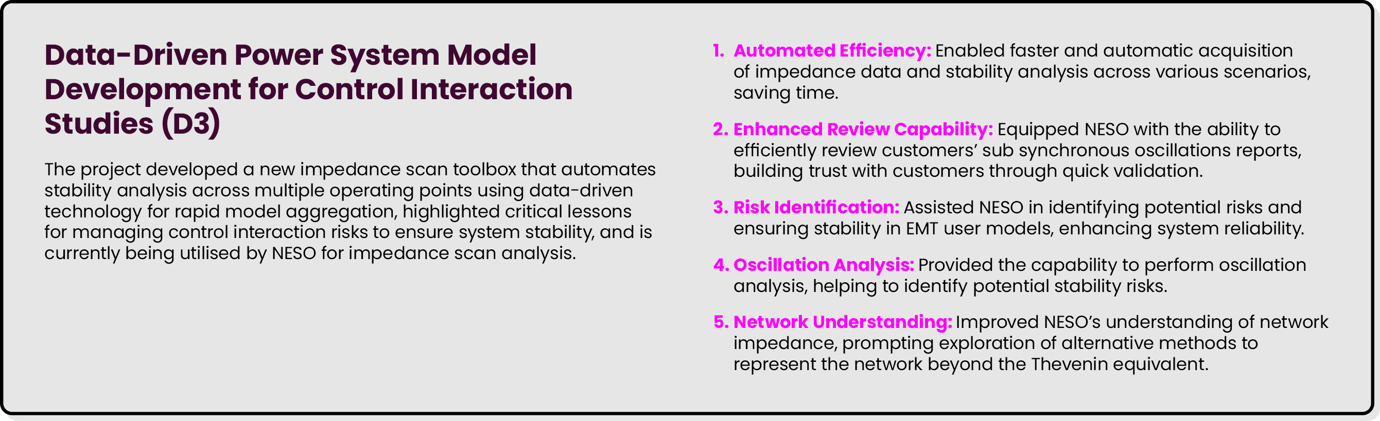 Data Driven Power System Model Development for Control Interaction Studies (D3) The project developed a new impedance...