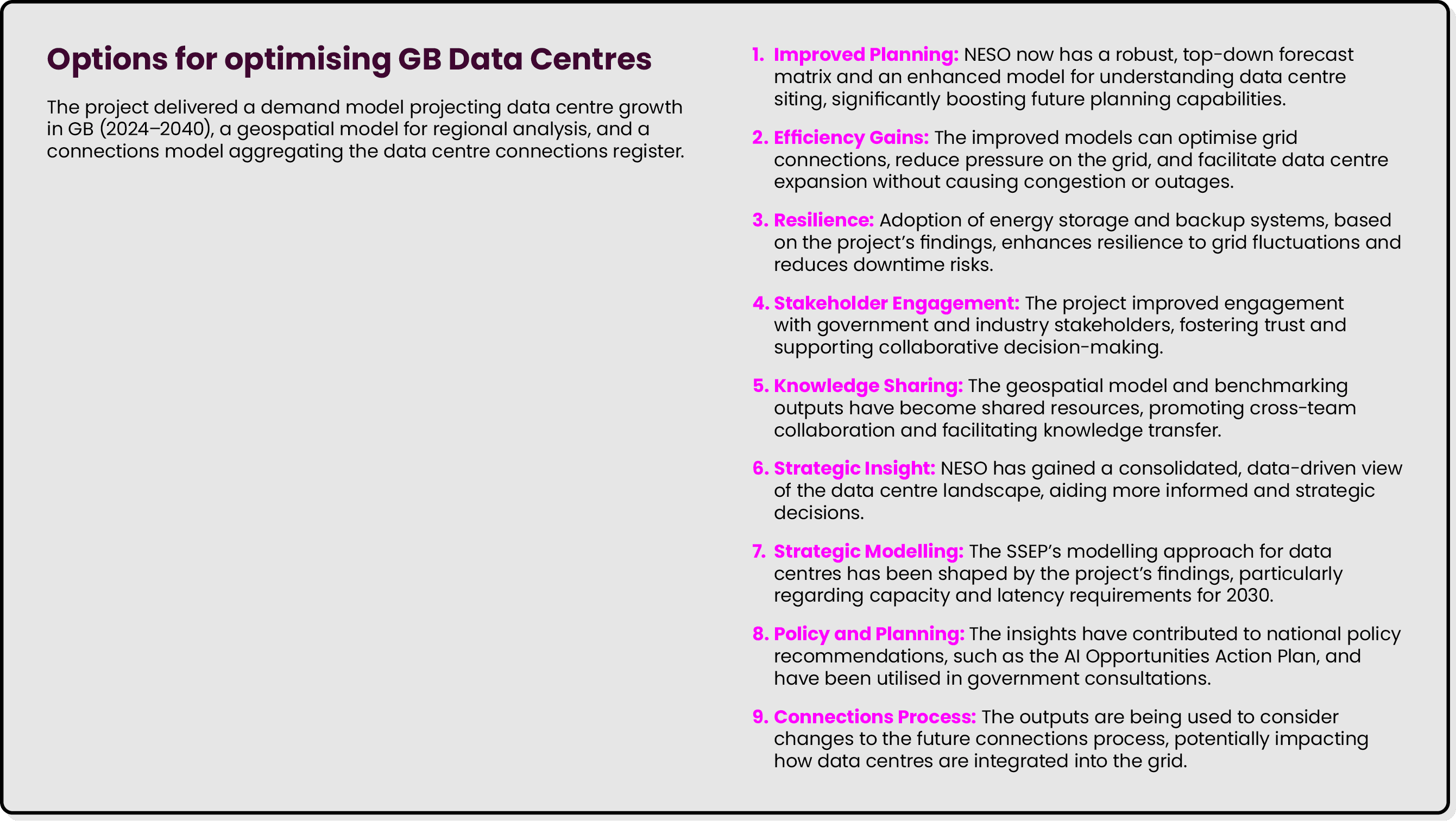 Options for optimising GB Data Centres The project delivered a demand model projecting data centre growth in GB (2024...
