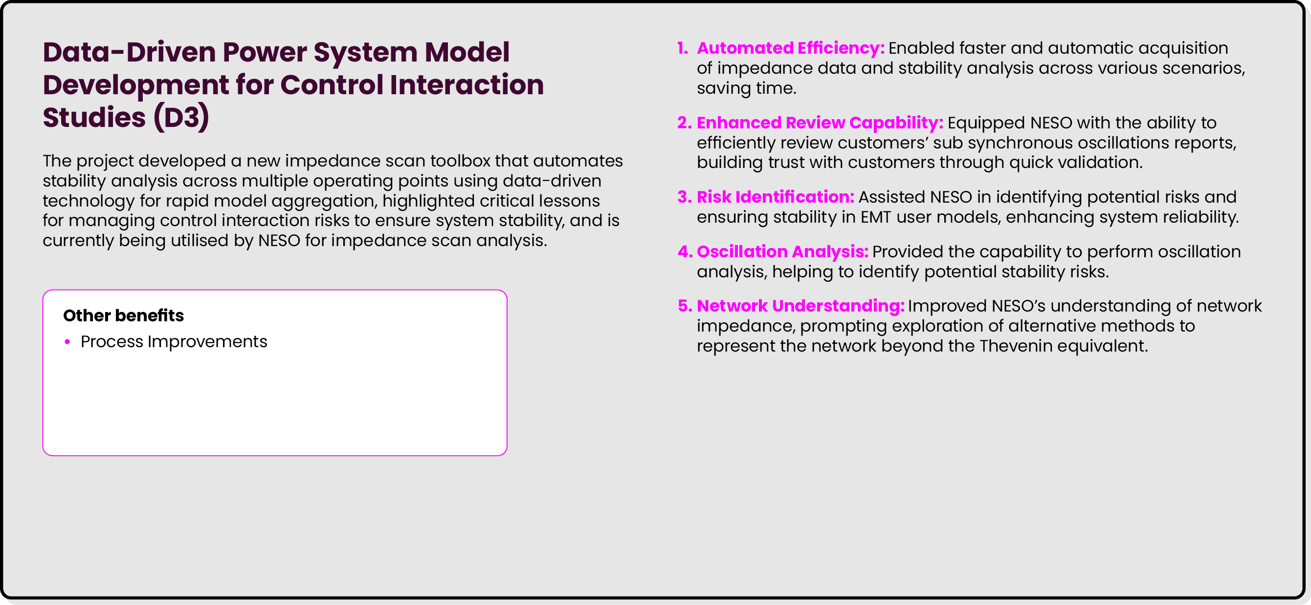 Data Driven Power System Model Development for Control Interaction Studies (D3) The project developed a new impedance...