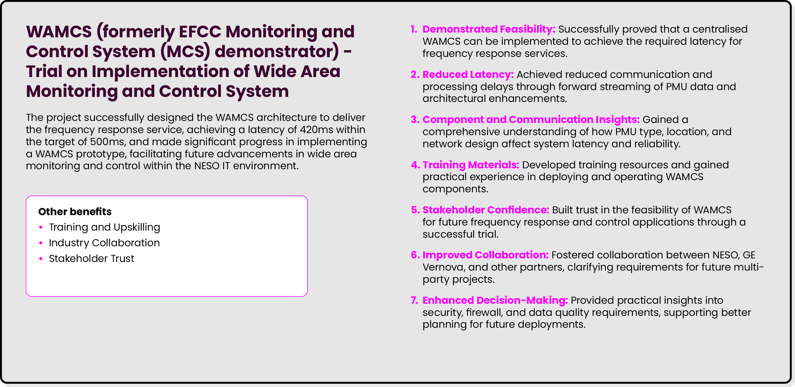 WAMCS (formerly EFCC Monitoring and Control System (MCS) demonstrator) Trial on Implementation of Wide Area Monitorin...