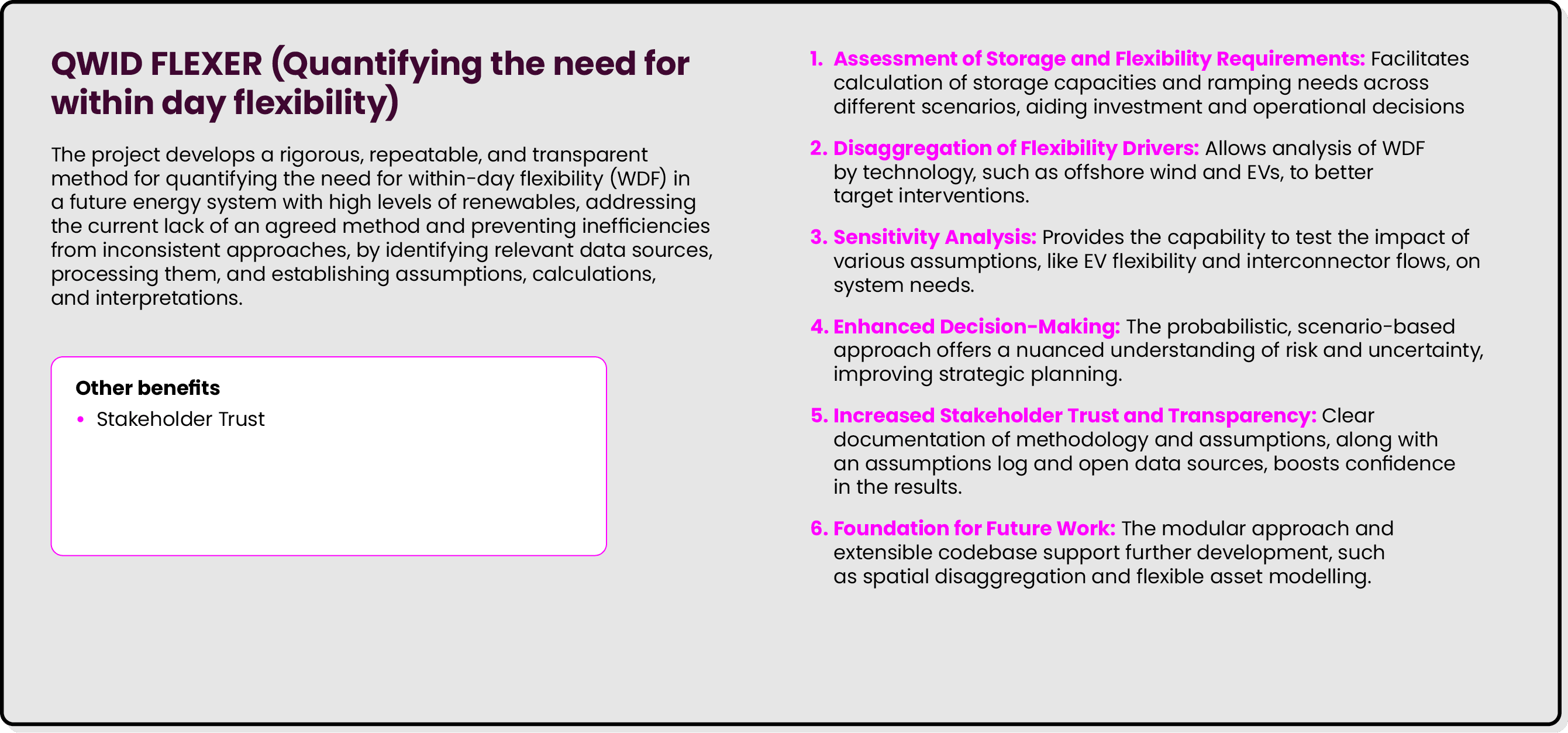 QWID FLEXER (Quantifying the need for within day flexibility) The project develops a rigorous, repeatable, and transp...