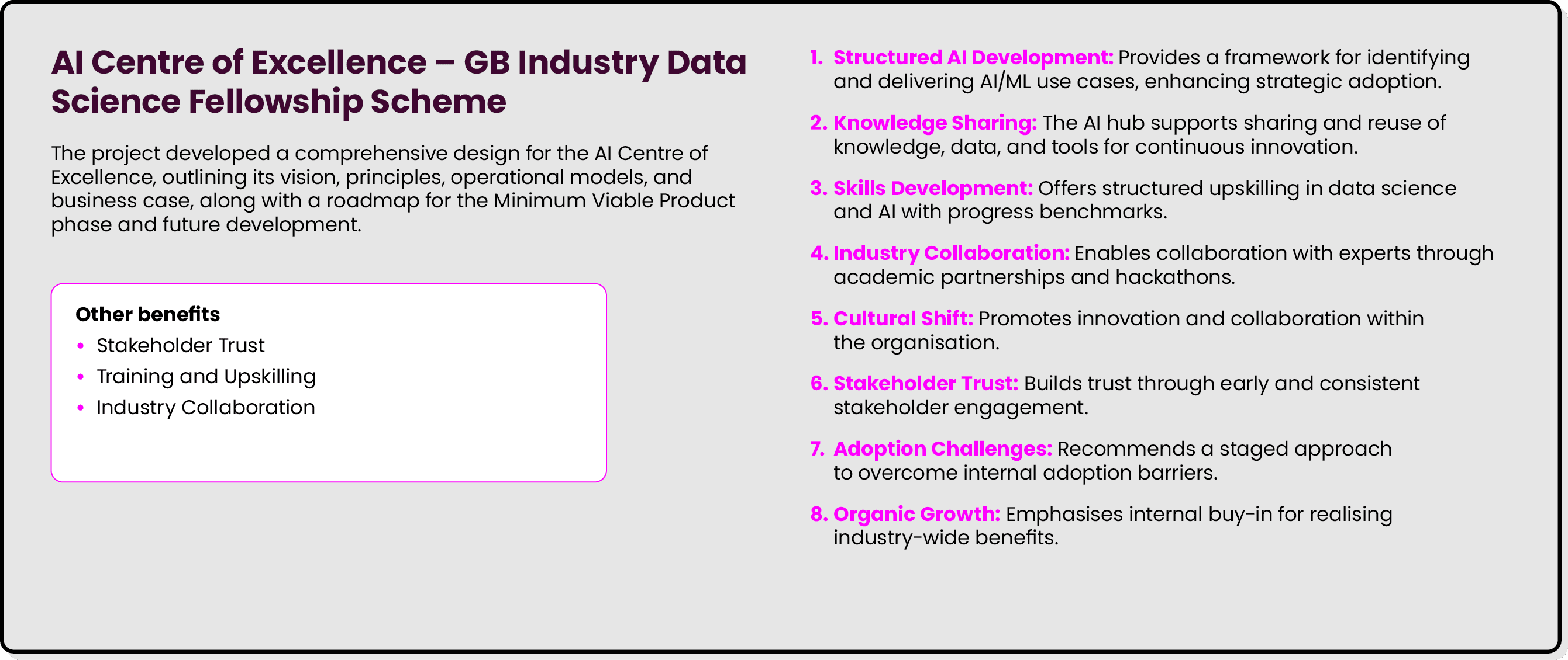 AI Centre of Excellence – GB Industry Data Science Fellowship Scheme The project developed a comprehensive design for...