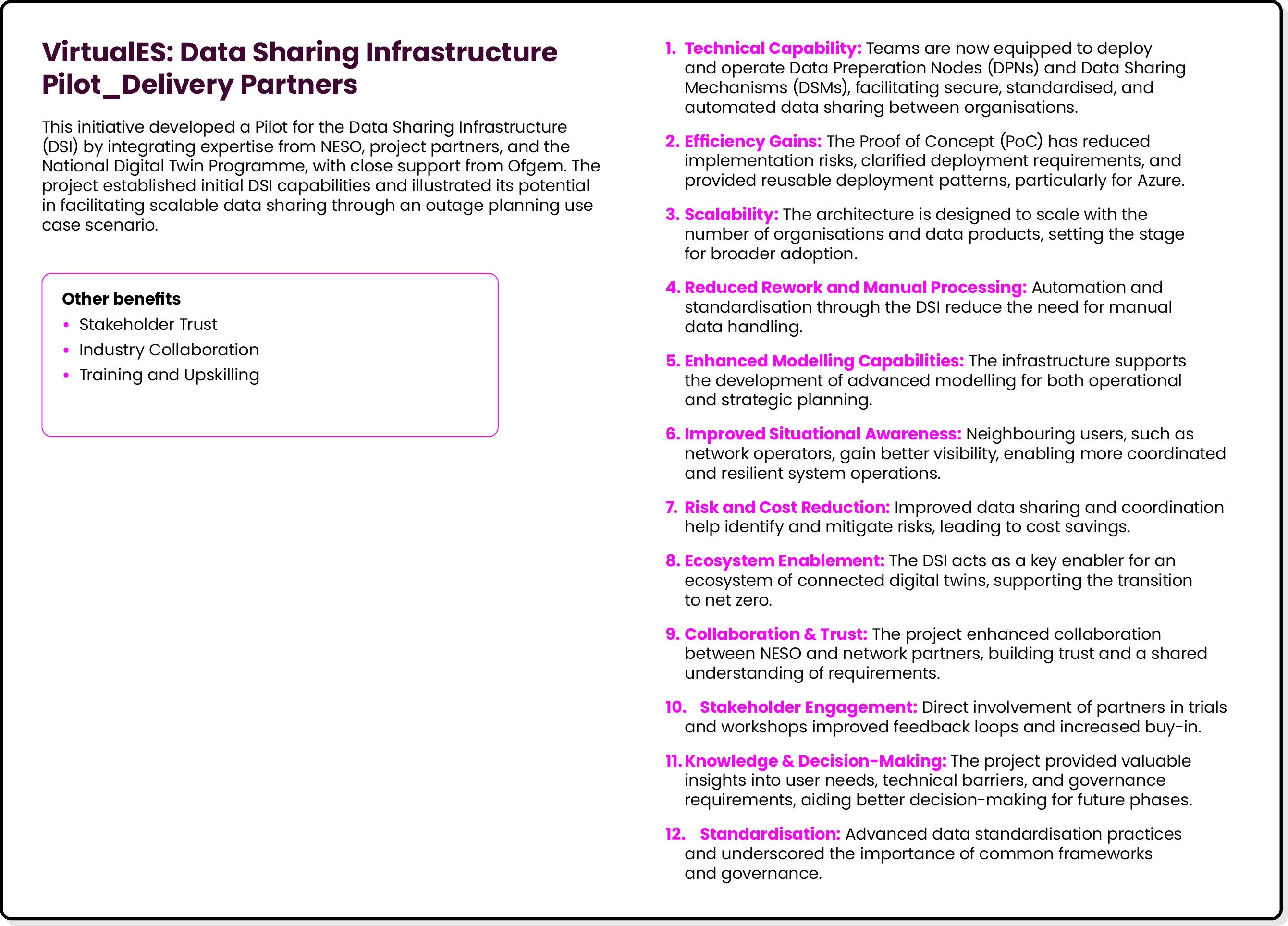 VirtualES: Data Sharing Infrastructure Pilot_Delivery Partners This initiative developed a Pilot for the Data Sharing...