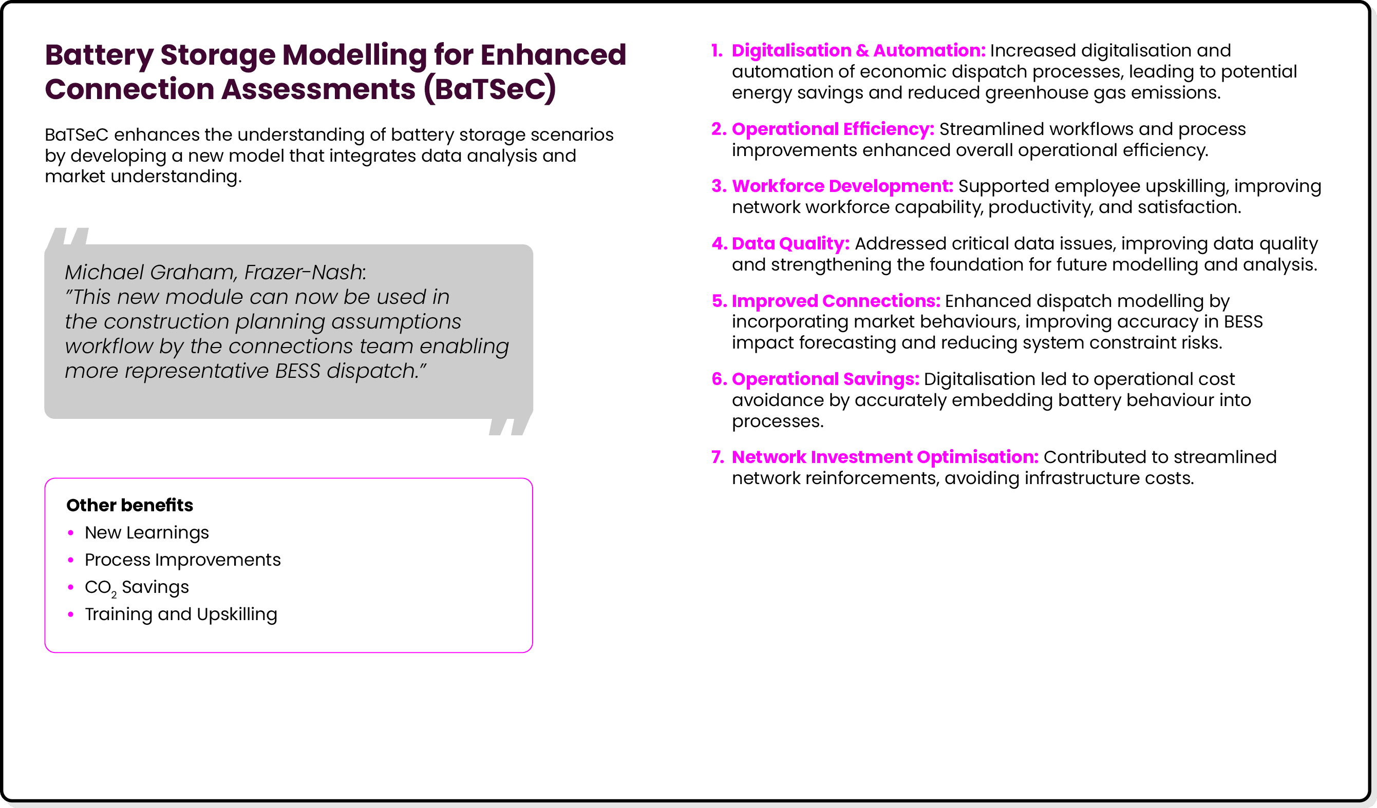 Battery Storage Modelling for Enhanced Connection Assessments (BaTSeC) BaTSeC enhances the understanding of battery s...