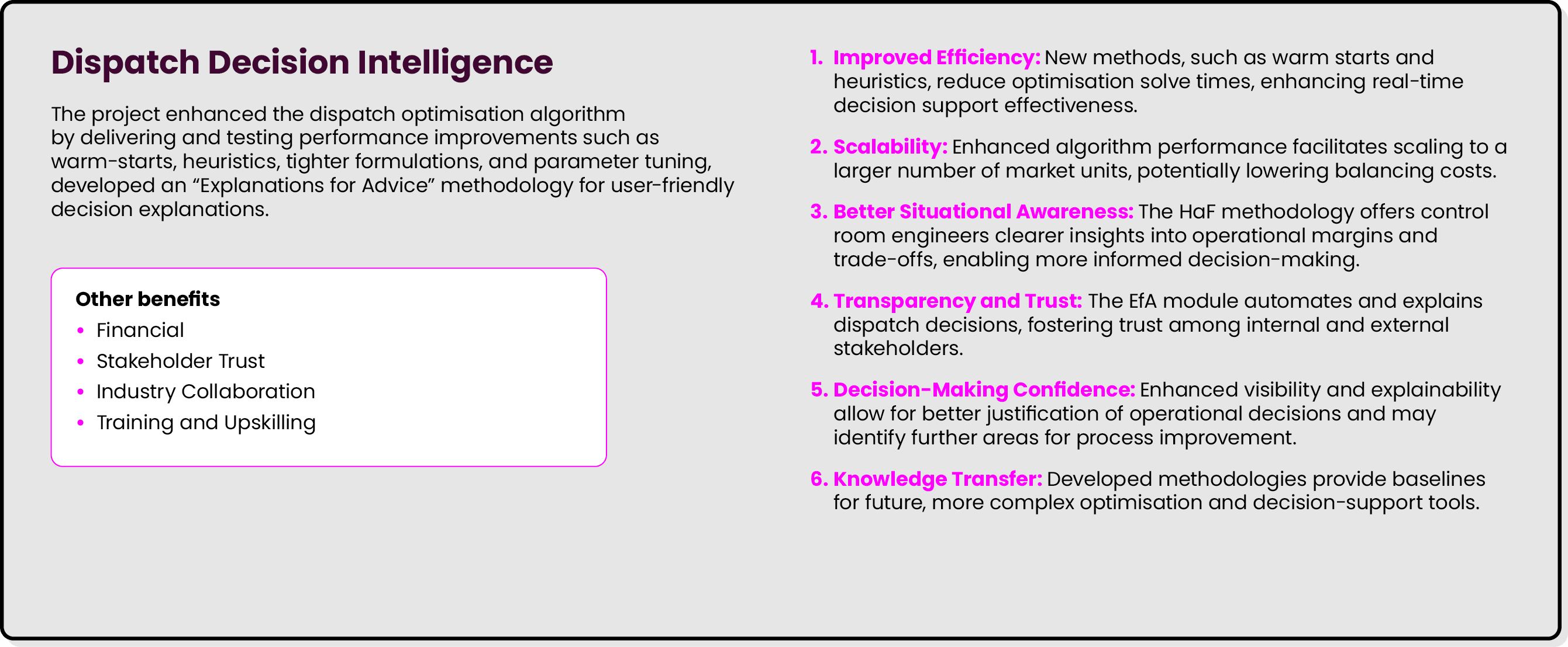Dispatch Decision Intelligence The project enhanced the dispatch optimisation algorithm by delivering and testing per...