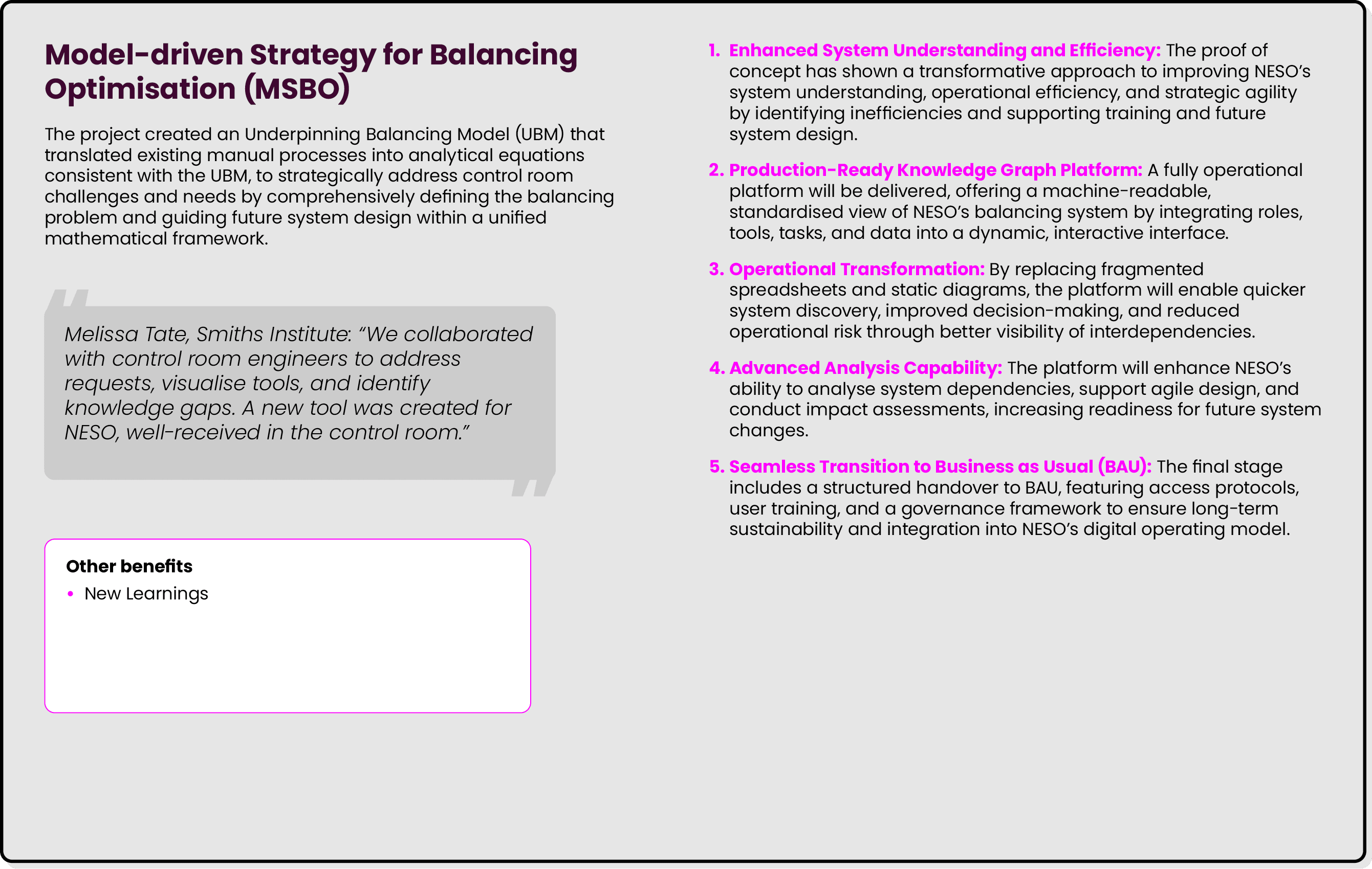 Model driven Strategy for Balancing Optimisation (MSBO) The project created an Underpinning Balancing Model (UBM) tha...