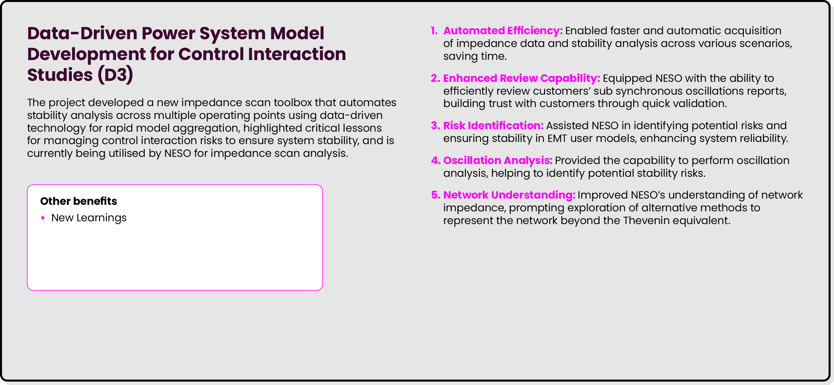 Data Driven Power System Model Development for Control Interaction Studies (D3) The project developed a new impedance...