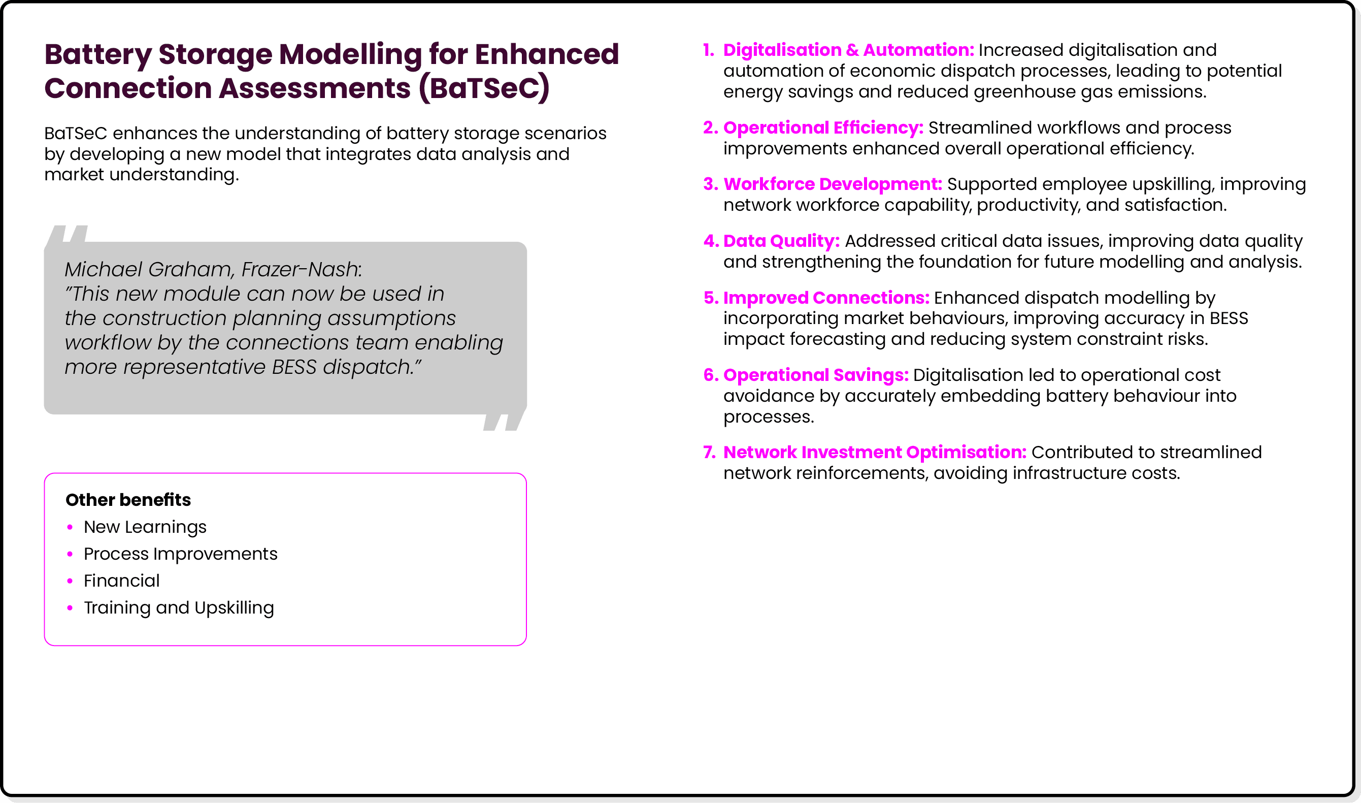 Battery Storage Modelling for Enhanced Connection Assessments (BaTSeC) BaTSeC enhances the understanding of battery s...
