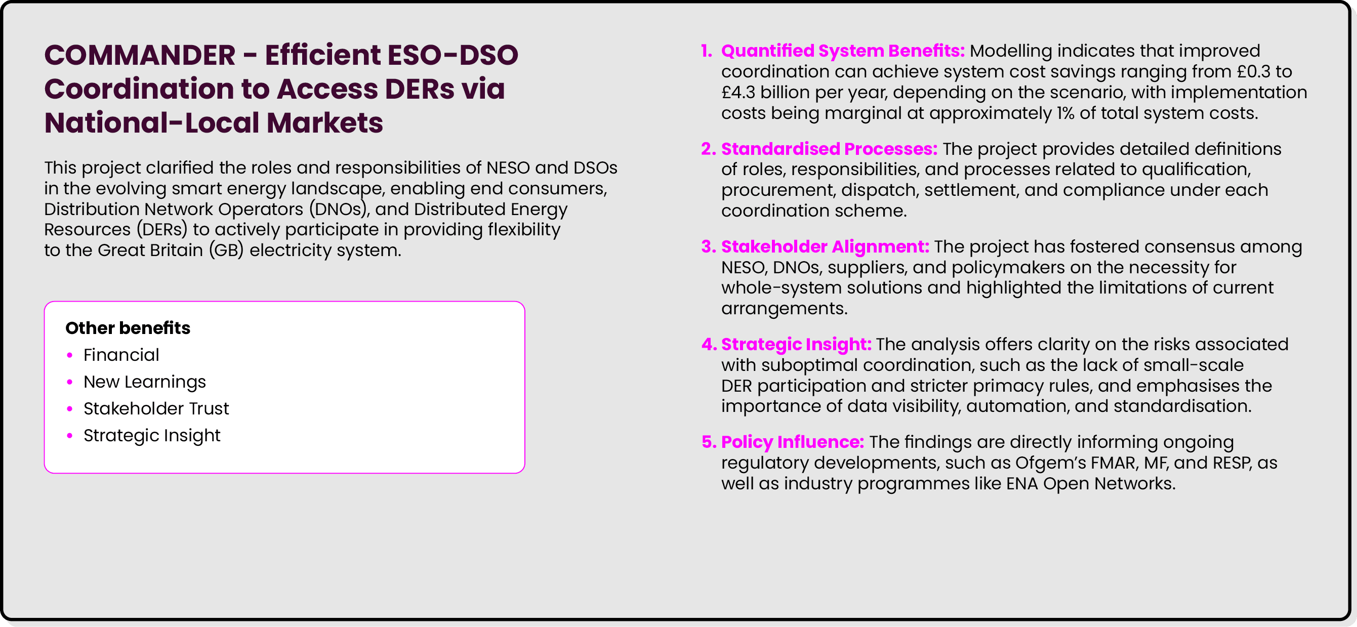 COMMANDER Efficient ESO DSO Coordination to Access DERs via National Local Markets This project clarified the roles a...