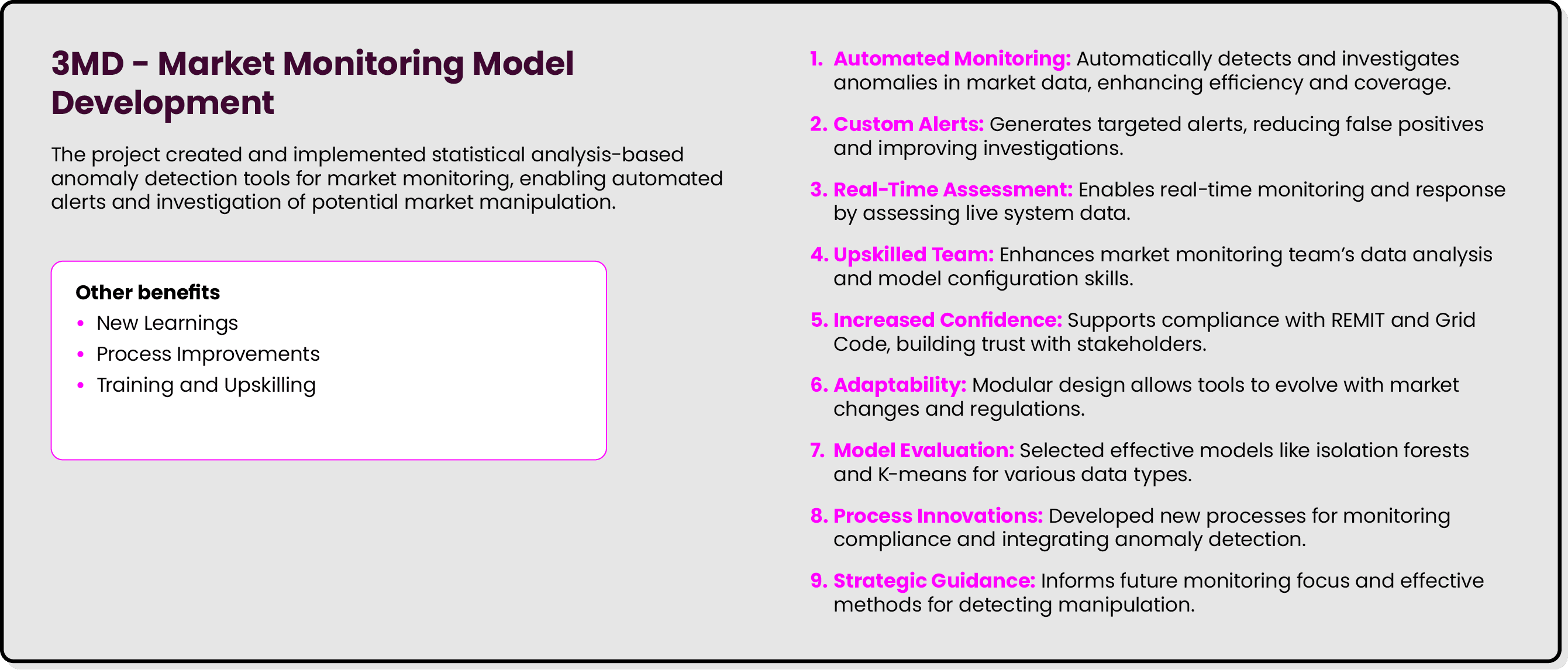 3MD Market Monitoring Model Development The project created and implemented statistical analysis based anomaly detect...