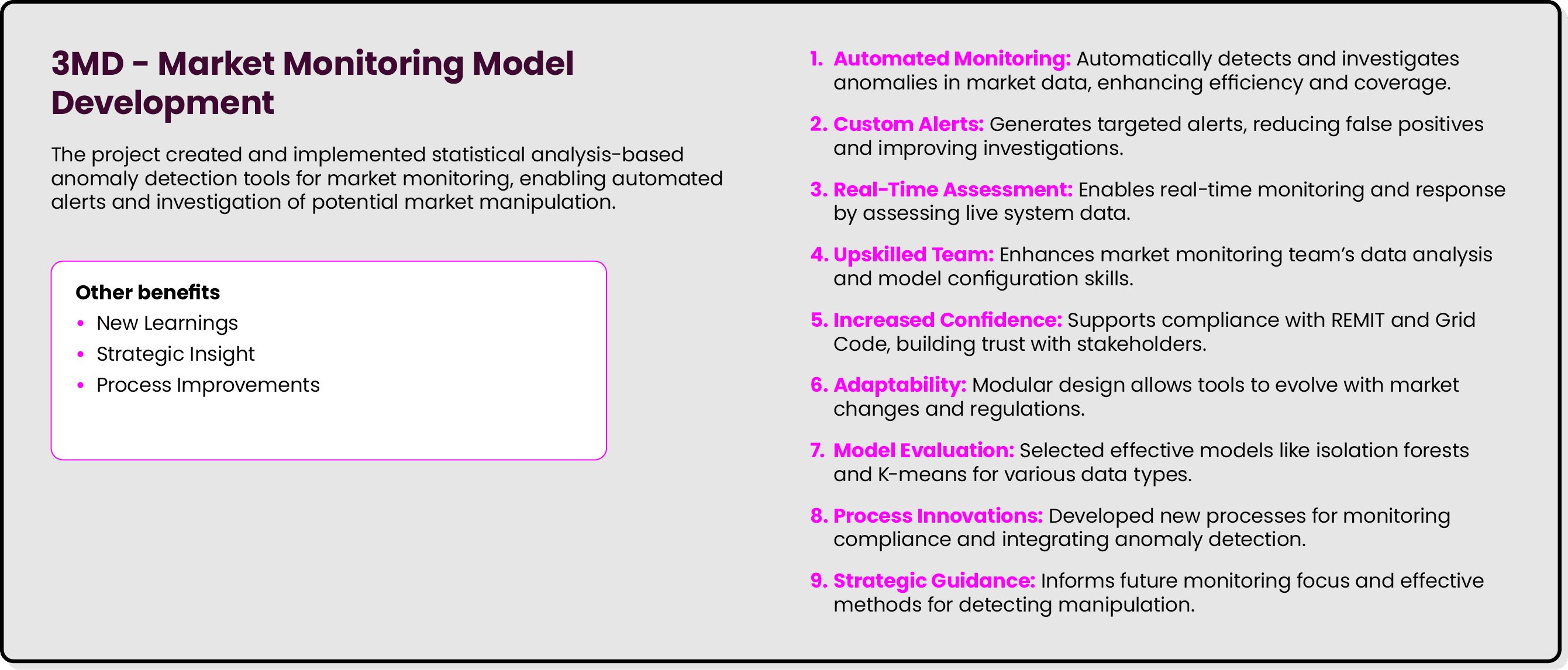 3MD Market Monitoring Model Development The project created and implemented statistical analysis based anomaly detect...