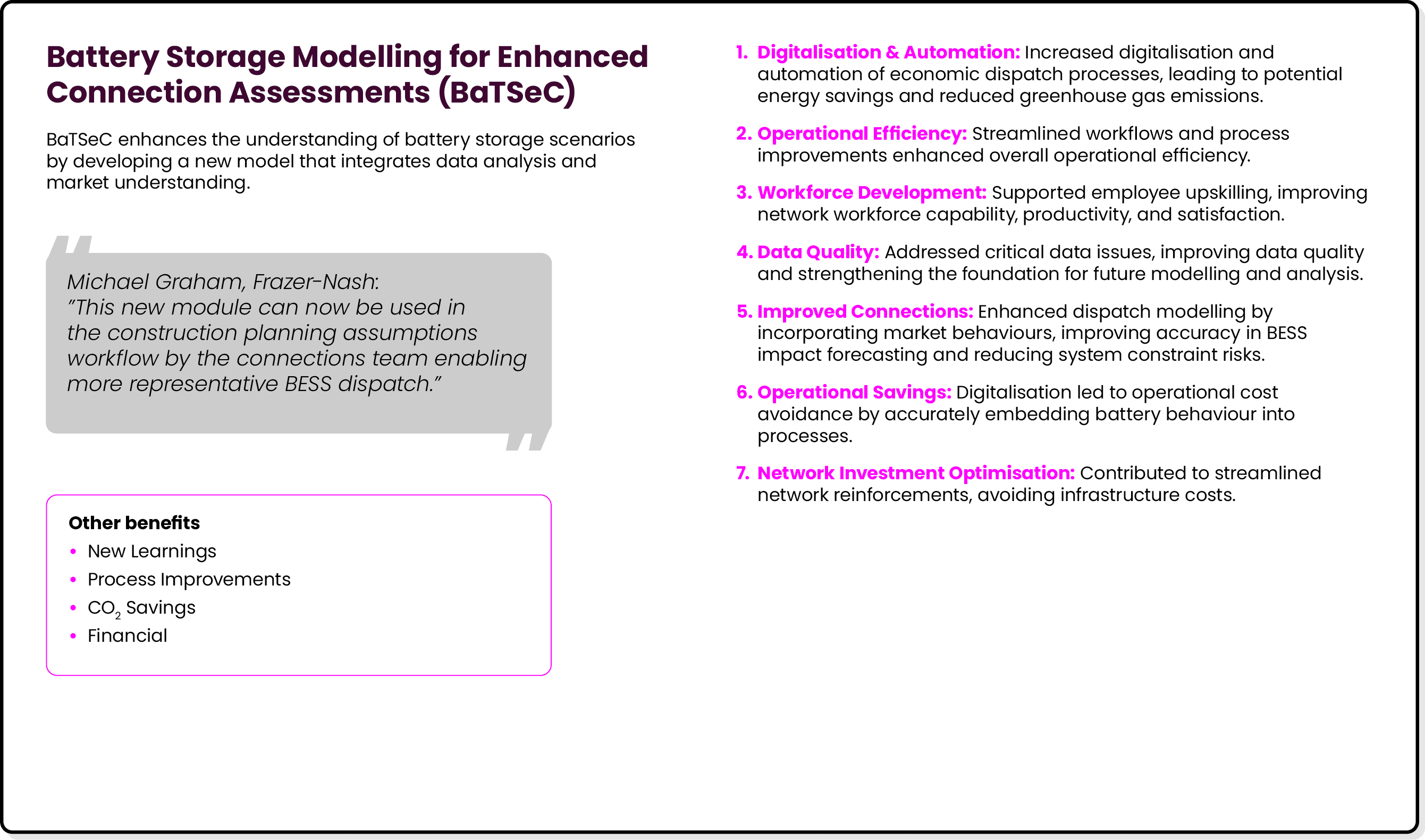 Battery Storage Modelling for Enhanced Connection Assessments (BaTSeC) BaTSeC enhances the understanding of battery s...
