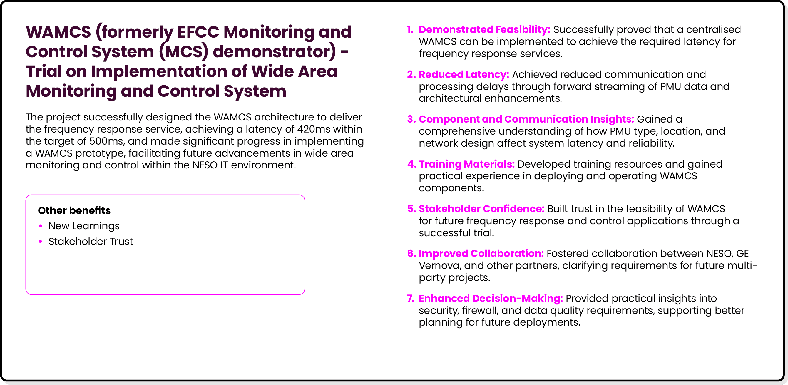 WAMCS (formerly EFCC Monitoring and Control System (MCS) demonstrator) Trial on Implementation of Wide Area Monitorin...