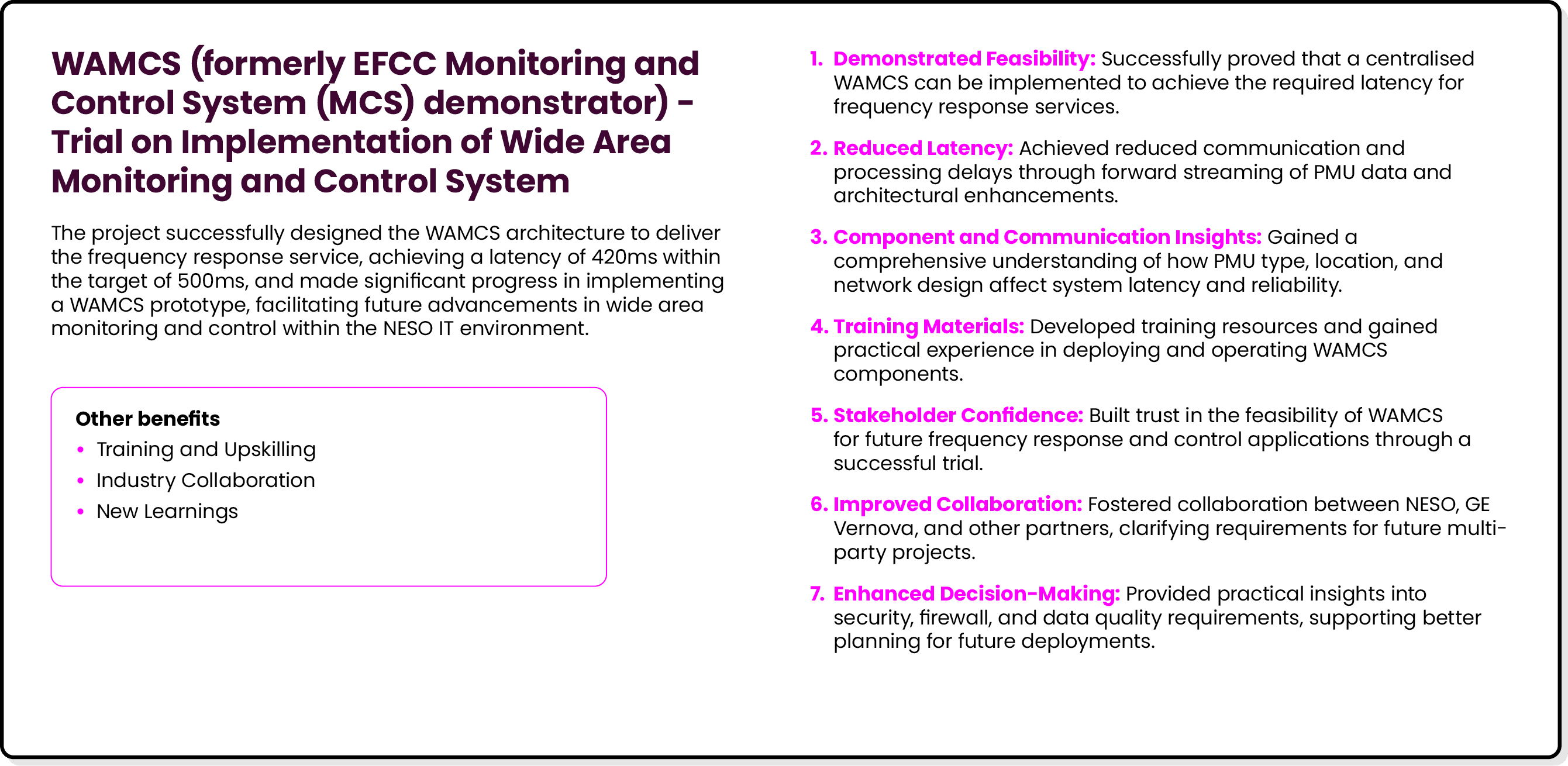 WAMCS (formerly EFCC Monitoring and Control System (MCS) demonstrator) Trial on Implementation of Wide Area Monitorin...