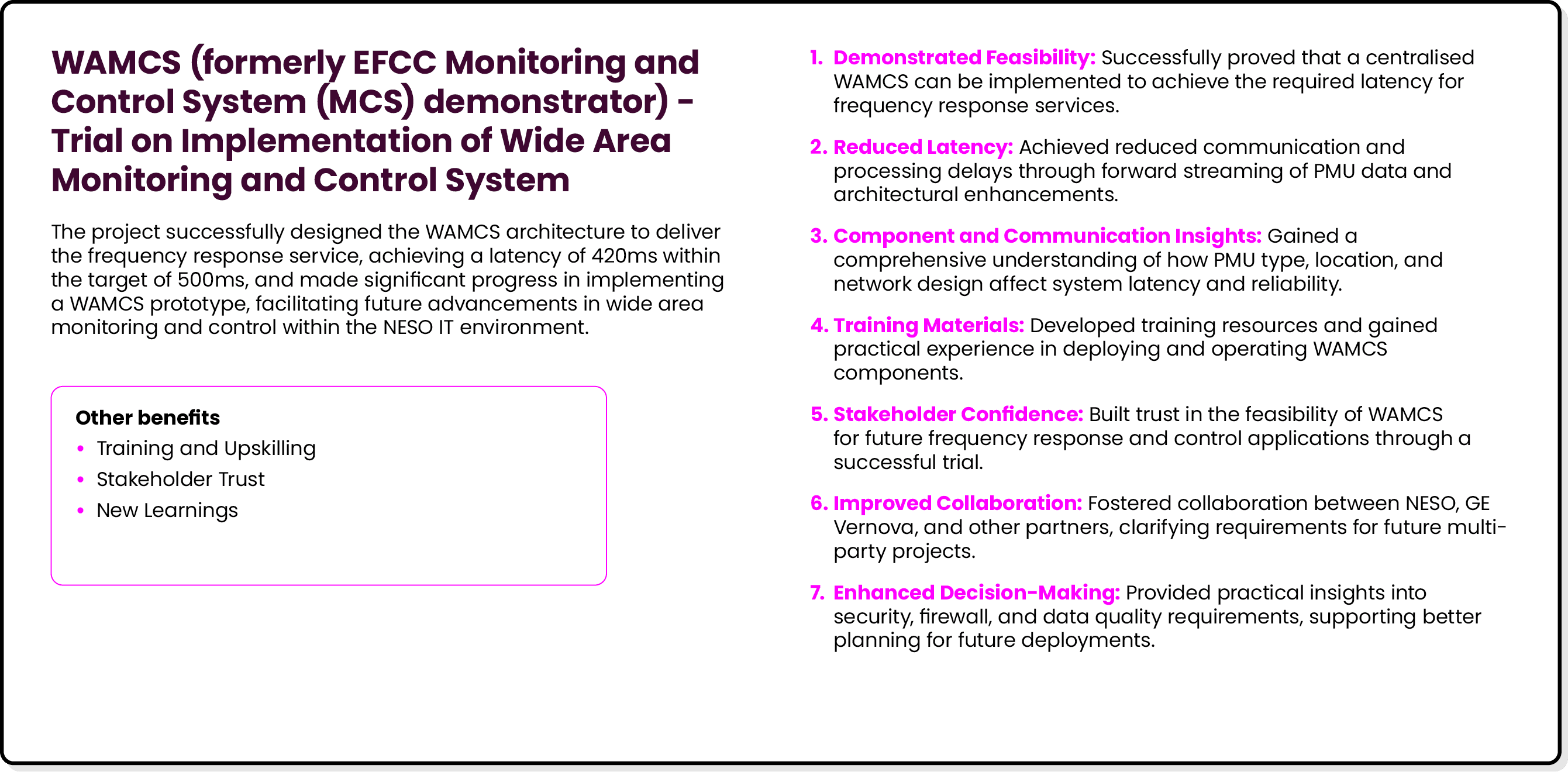 WAMCS (formerly EFCC Monitoring and Control System (MCS) demonstrator) Trial on Implementation of Wide Area Monitorin...