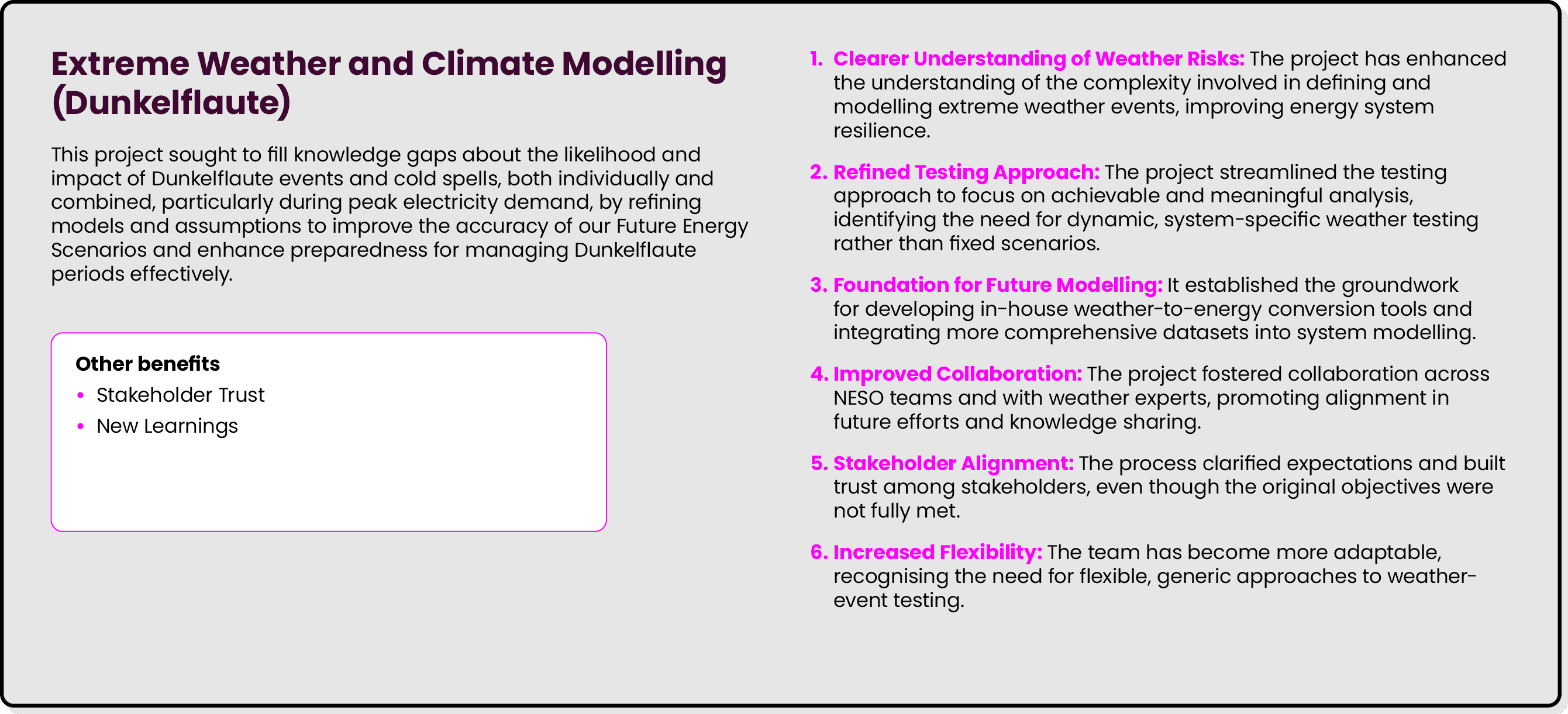 Extreme Weather and Climate Modelling (Dunkelflaute) This project sought to fill knowledge gaps about the likelihood ...
