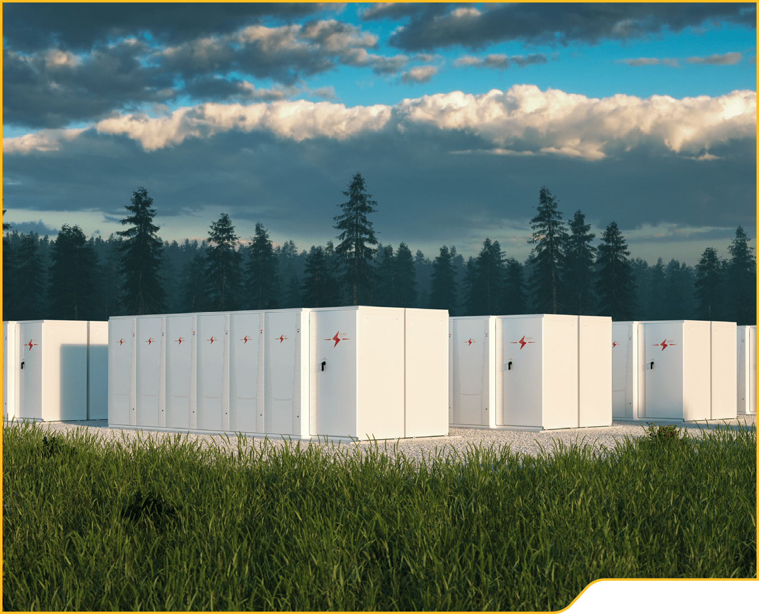 Eco friendly battery energy storage system in nature with misty forest in background and fresh grassland in foreground  3d rendering 