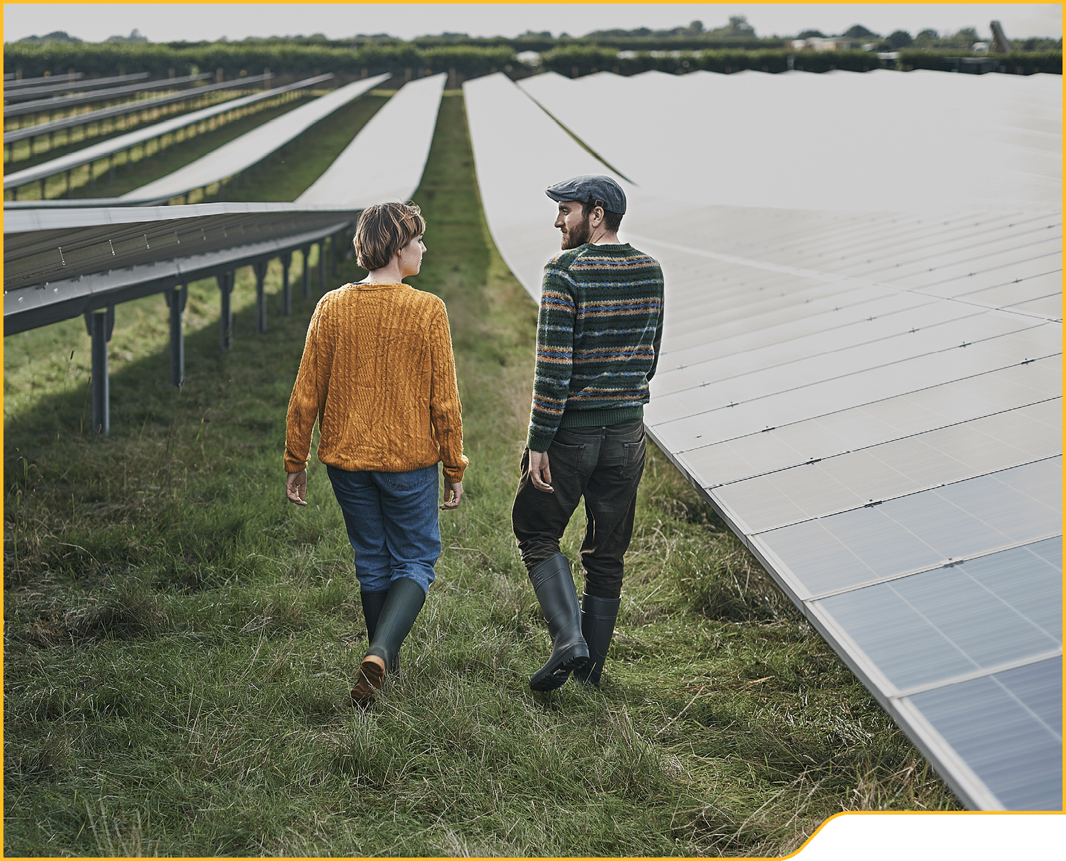 Young farmers walking through their solar farm, talking to each other