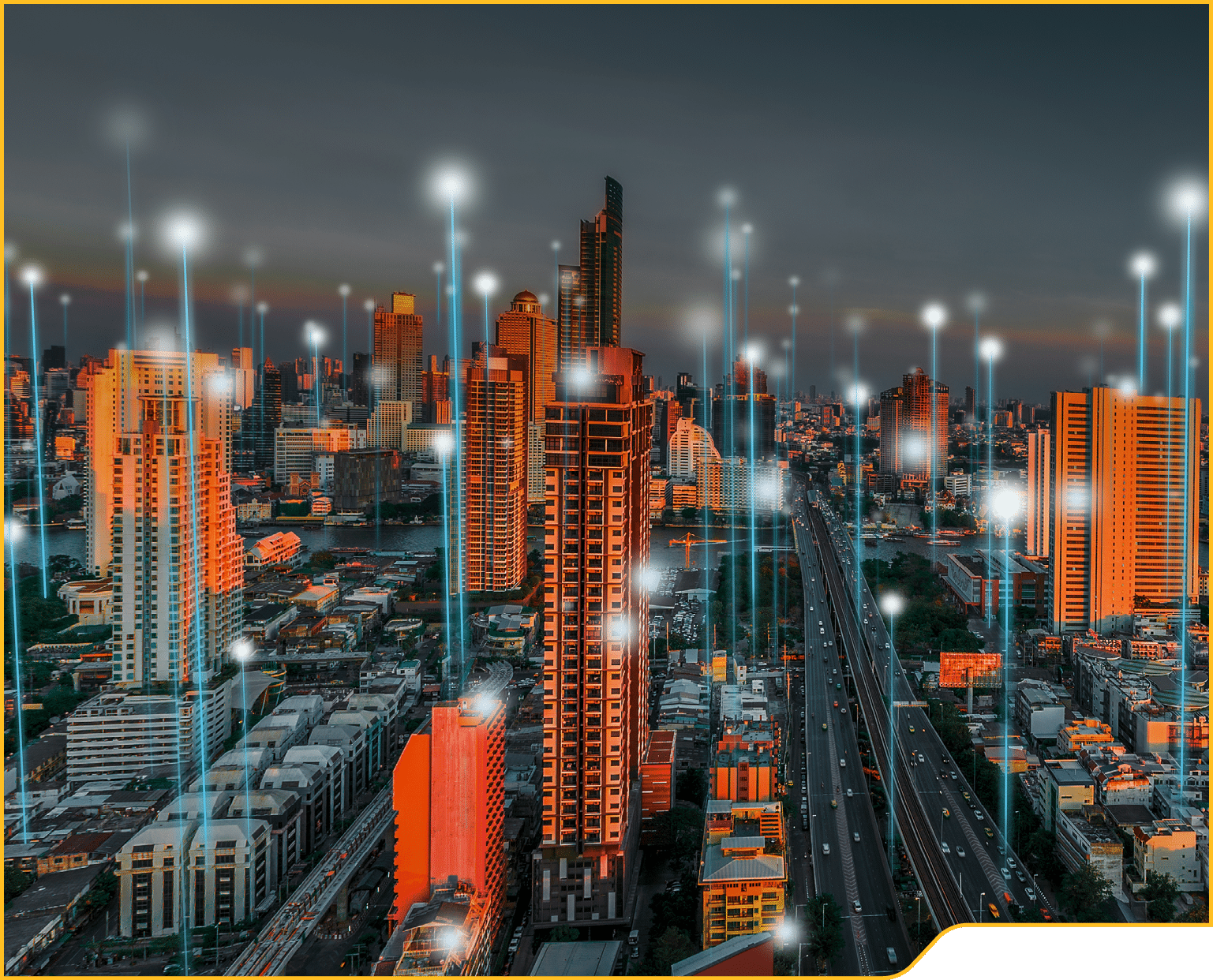 Smart city and dot point connect Modern Telecom System ,Boundless connection technology concept Blue tone