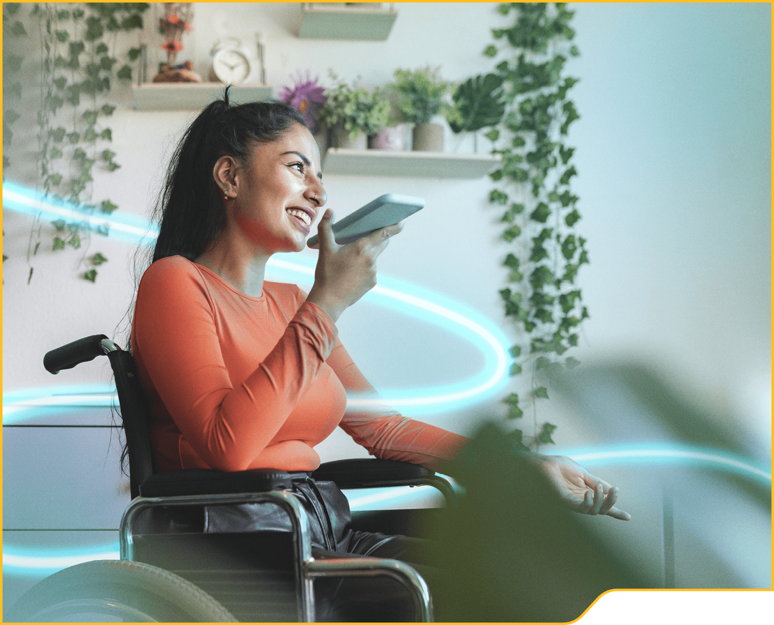 Smiling disabled woman talking on mobile phone at home