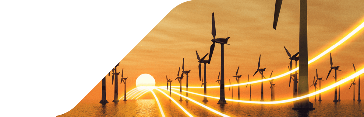 Offshore wind turbine farm at sunset.