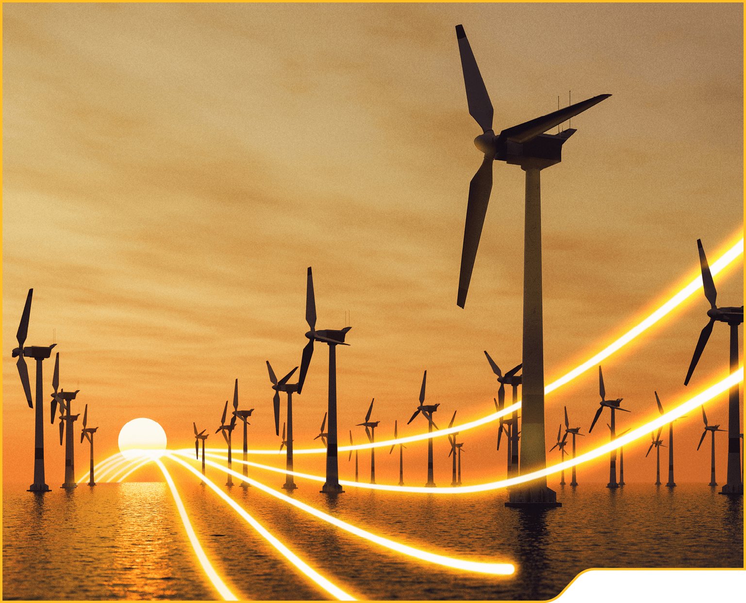 Offshore wind turbine farm at sunset.