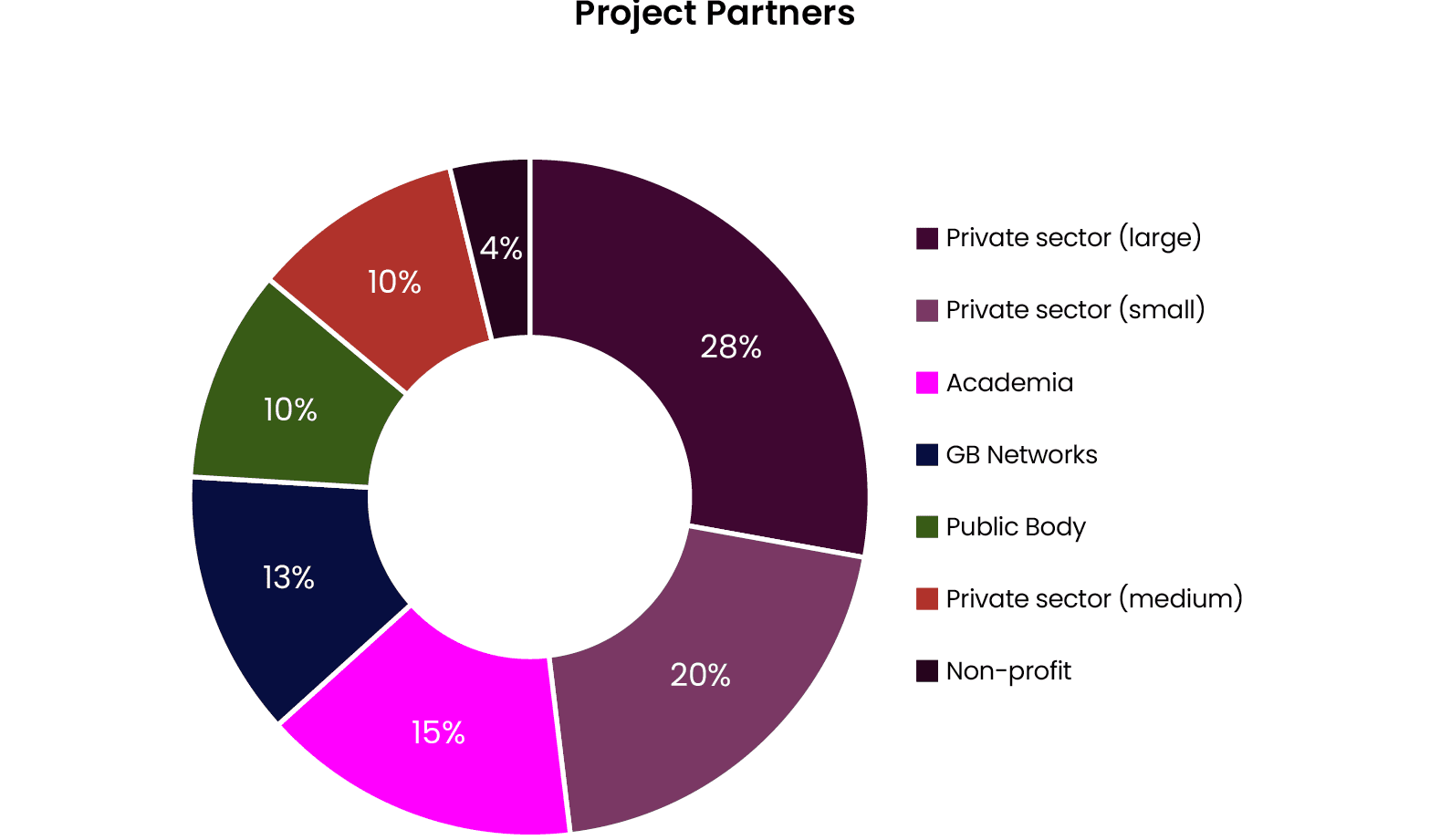 A pie chart showing the percentage of a project's partners. Description generated by AI